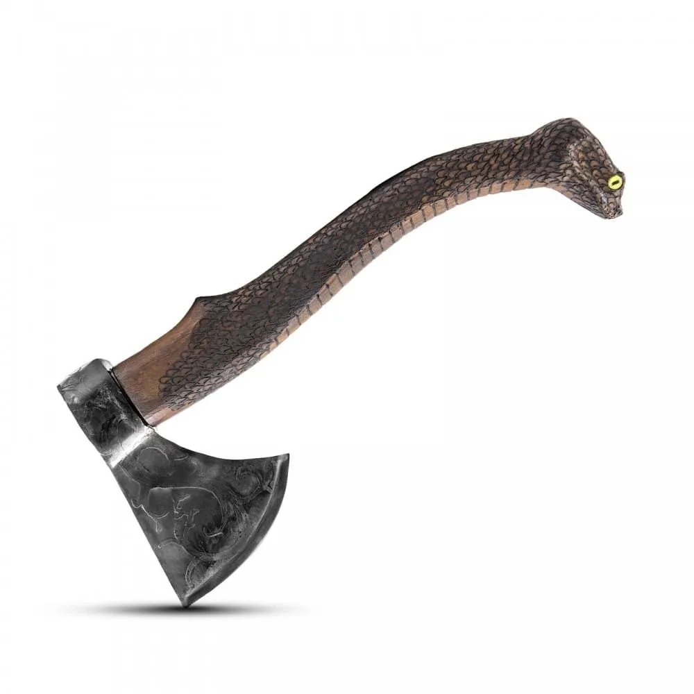 Uçar Av Özel İşlemeli N4140 Yüksek Karbon Çelik ve Tamamen El İşçiliği Yılan Başlı Sap Viking Baltası