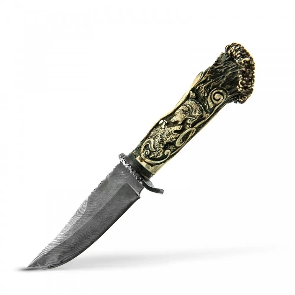 Uçar Av B5 Türk Sarması Damascus Çelik ve Kızıl Geyik Boynuzu Kabzeli Özel Yapım Av Bıçağı