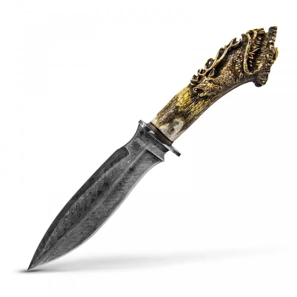 Uçar Av B1 240 Defa Katlanmış Damascus Çelik ve Geyik Boynuzu Kabzeli Özel Yapım Av Bıçağı